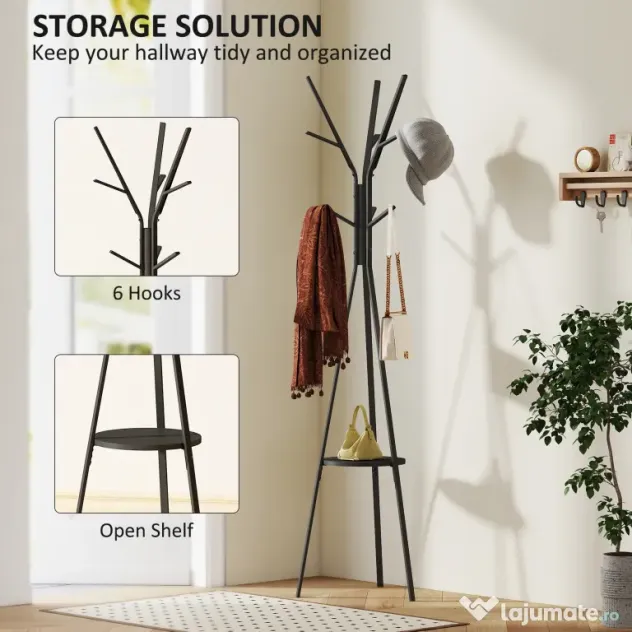 HOMCOM Cuier în Formă de Pom Design Modern, Metal Negru, Ideal pentru Hol, 45x45x180 cm | Aosom Romania
