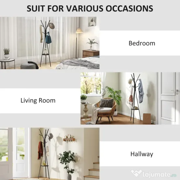 HOMCOM Cuier în Formă de Pom Design Modern, Metal Negru, Ideal pentru Hol, 45x45x180 cm | Aosom Romania