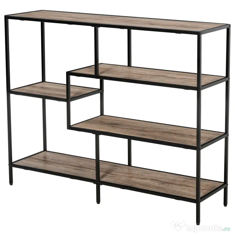 HOMCOM Raft Biblioteca din Lemn Culoare Stejar cu 5 Rafturi, Sistem Controlul Stabilitatii, Cadru din Metal Negru 120x32x95cm | Aosom Romania