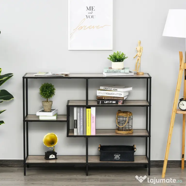 HOMCOM Raft Biblioteca din Lemn Culoare Stejar cu 5 Rafturi, Sistem Controlul Stabilitatii, Cadru din Metal Negru 120x32x95cm | Aosom Romania