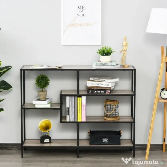 HOMCOM Raft Biblioteca din Lemn Culoare Stejar cu 5 Rafturi, Sistem Controlul Stabilitatii, Cadru din Metal Negru 120x32x95cm | Aosom Romania