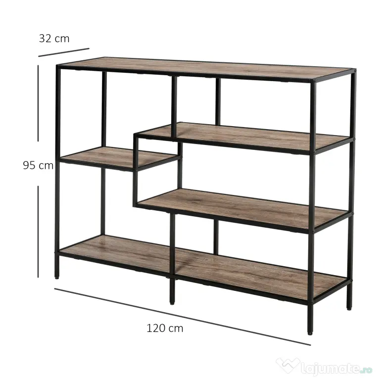 HOMCOM Raft Biblioteca din Lemn Culoare Stejar cu 5 Rafturi, Sistem Controlul Stabilitatii, Cadru din Metal Negru 120x32x95cm | Aosom Romania