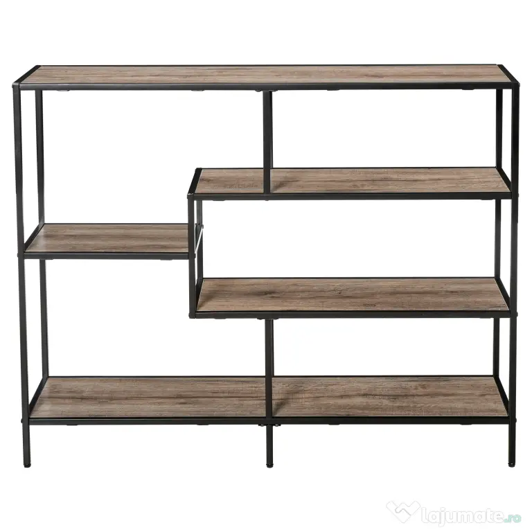 HOMCOM Raft Biblioteca din Lemn Culoare Stejar cu 5 Rafturi, Sistem Controlul Stabilitatii, Cadru din Metal Negru 120x32x95cm | Aosom Romania