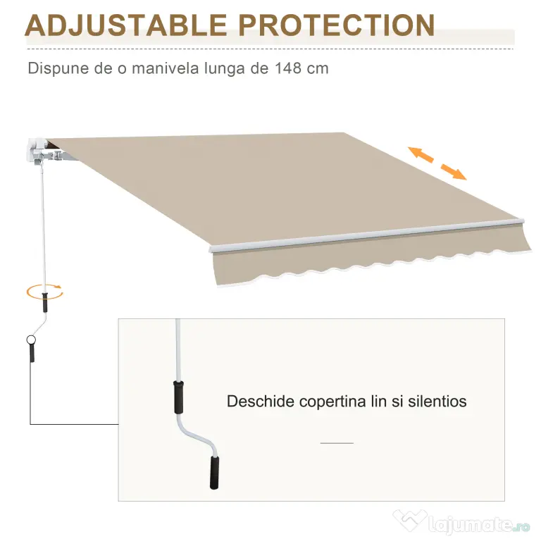 Outsunny Copertină Retractabilă pentru Terasă cu Manivelă Manuală, Rezistentă la Apă, Structură Metalică și Aluminiu, 4x2.5m, Bej | Aosom Romania