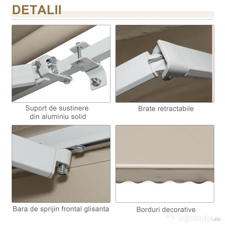 Outsunny Copertină Retractabilă pentru Terasă cu Manivelă Manuală, Rezistentă la Apă, Structură Metalică și Aluminiu, 4x2.5m, Bej | Aosom Romania