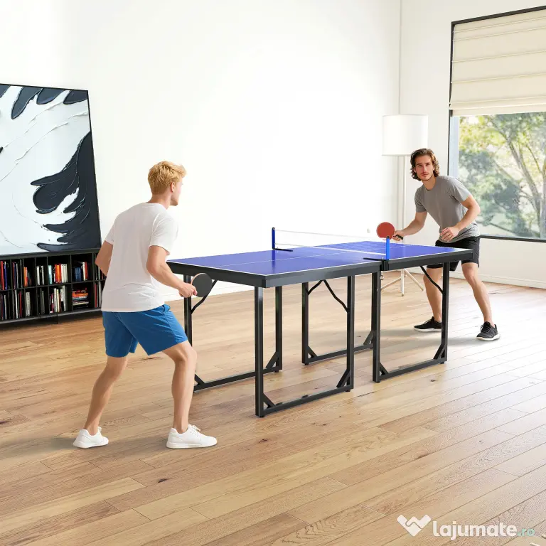 Masa de Ping Pong Pliabila, Multifuncitonala, cu Plasa din Otel si MDF, 182x91x76cm - Albastru HOMCOM | Aosom Romania