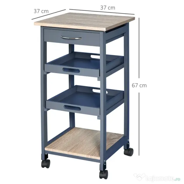 HOMCOM Carucior Bucatarie Sertar 2 Tavi Glisante Blat Fix Lemn Pin MDF 37x37x76cm Gri Stejar | Aosom Romania