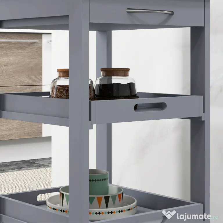 HOMCOM Carucior Bucatarie Sertar 2 Tavi Glisante Blat Fix Lemn Pin MDF 37x37x76cm Gri Stejar | Aosom Romania