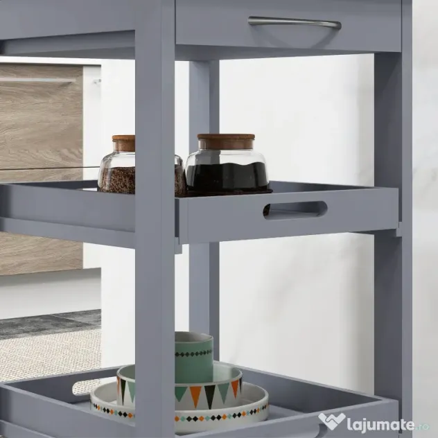 HOMCOM Carucior Bucatarie Sertar 2 Tavi Glisante Blat Fix Lemn Pin MDF 37x37x76cm Gri Stejar | Aosom Romania