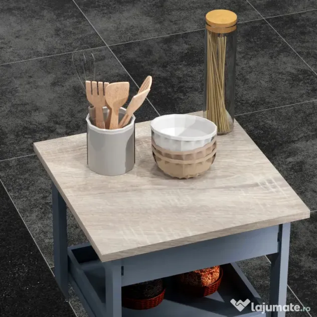 HOMCOM Carucior Bucatarie Sertar 2 Tavi Glisante Blat Fix Lemn Pin MDF 37x37x76cm Gri Stejar | Aosom Romania