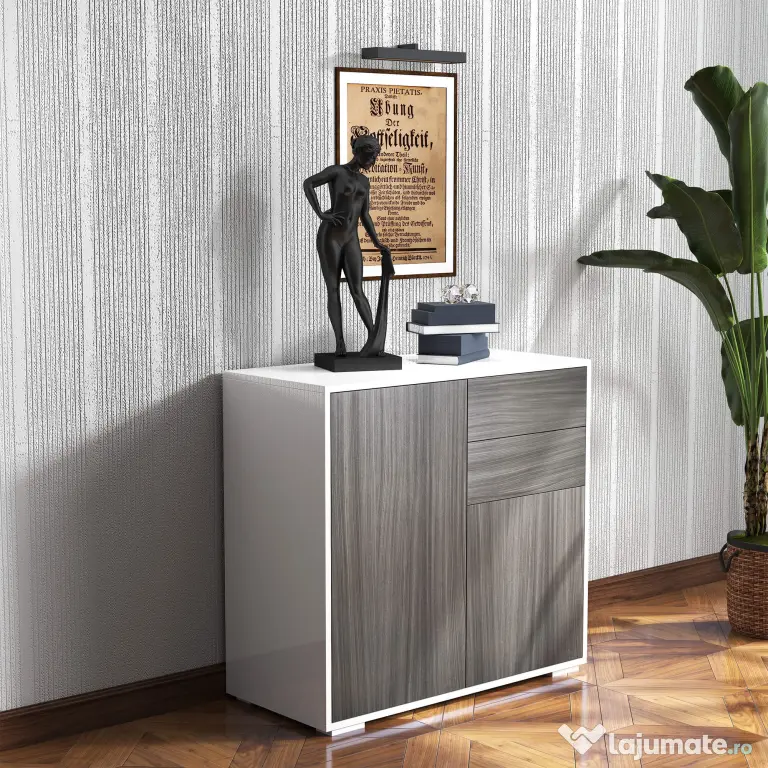 HOMCOM Comodă Multifuncțională cu 2 Sertare și 2 Dulapuri, 79x36x74 cm, Gri | Aosom Romania
