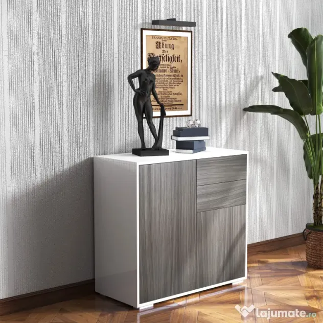 HOMCOM Comodă Multifuncțională cu 2 Sertare și 2 Dulapuri, 79x36x74 cm, Gri | Aosom Romania