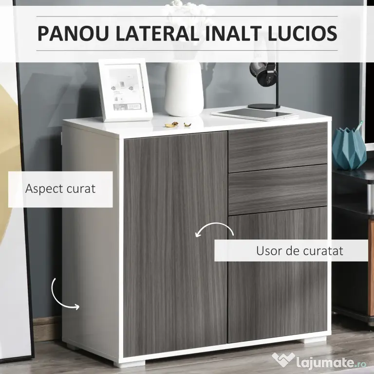 HOMCOM Comodă Multifuncțională cu 2 Sertare și 2 Dulapuri, 79x36x74 cm, Gri | Aosom Romania