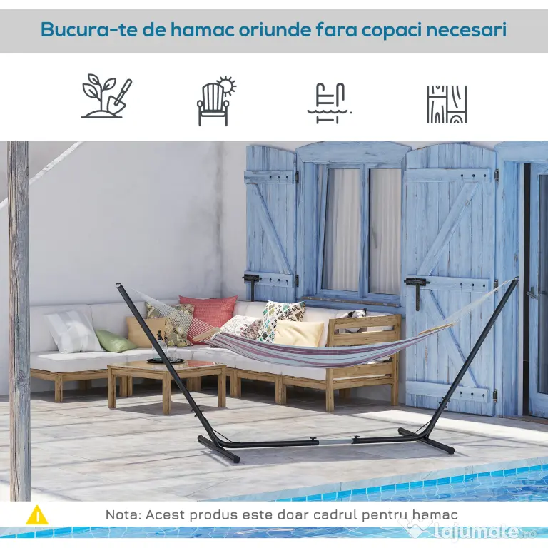 Outsunny Suport Schelet pentru Hamac Reglabil Max. 120 Kg, Negru, 313-388x109x116cm
