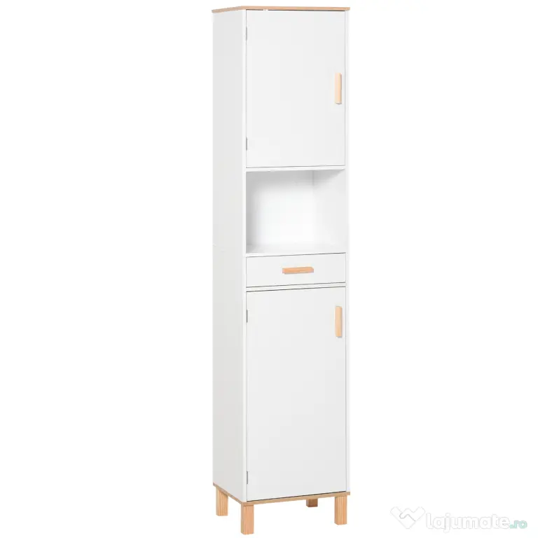 Kleankin Dulap Coloana pentru Baie, Îngust Space Saver, din Lemn/MDF, cu Rafturi si Usi, Organizator Ergonomic, Alb