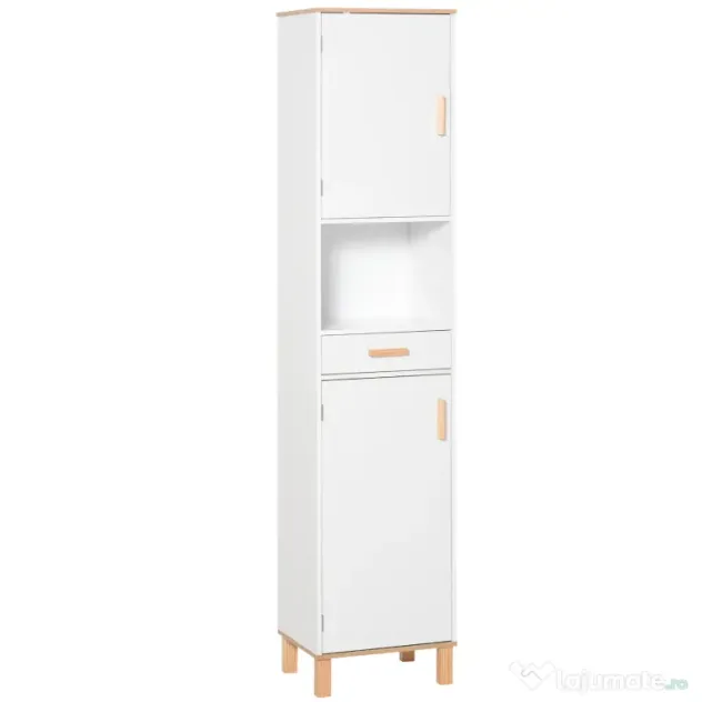 Kleankin Dulap Coloana pentru Baie, Îngust Space Saver, din Lemn/MDF, cu Rafturi si Usi, Organizator Ergonomic, Alb