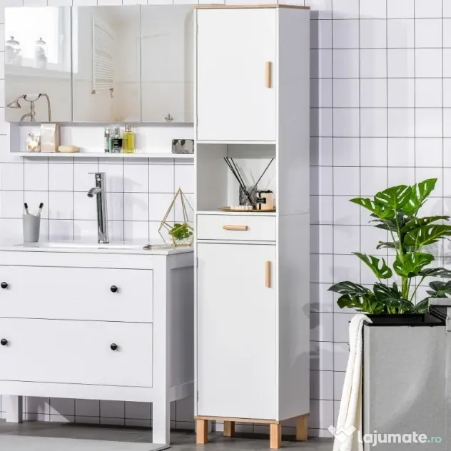 Kleankin Dulap Coloana pentru Baie, Îngust Space Saver, din Lemn/MDF, cu Rafturi si Usi, Organizator Ergonomic, Alb