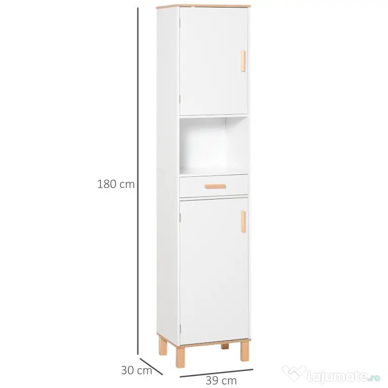 Kleankin Dulap Coloana pentru Baie, Îngust Space Saver, din Lemn/MDF, cu Rafturi si Usi, Organizator Ergonomic, Alb