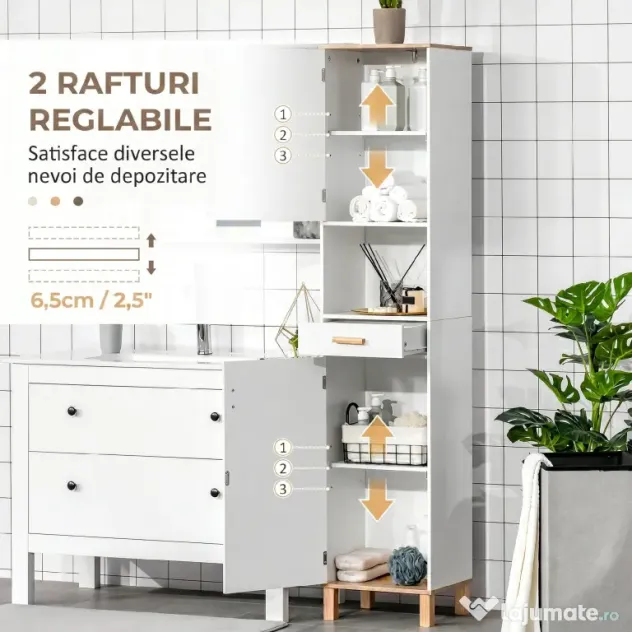 Kleankin Dulap Coloana pentru Baie, Îngust Space Saver, din Lemn/MDF, cu Rafturi si Usi, Organizator Ergonomic, Alb