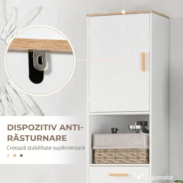 Kleankin Dulap Coloana pentru Baie, Îngust Space Saver, din Lemn/MDF, cu Rafturi si Usi, Organizator Ergonomic, Alb