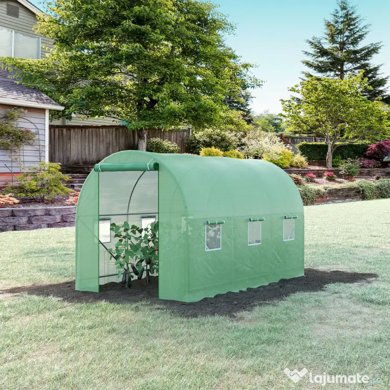 Outsunny Seră de Grădină cu Ferestre, Ușă și Acoperiș Rotunjit din PE și Fier, 3.5x2x2 m, Verde | Aosom Romania
