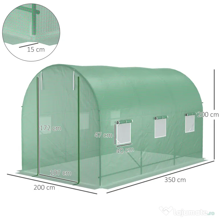 Outsunny Seră de Grădină cu Ferestre, Ușă și Acoperiș Rotunjit din PE și Fier, 3.5x2x2 m, Verde | Aosom Romania