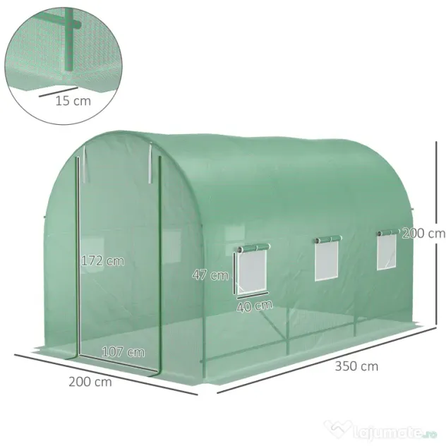 Outsunny Seră de Grădină cu Ferestre, Ușă și Acoperiș Rotunjit din PE și Fier, 3.5x2x2 m, Verde | Aosom Romania