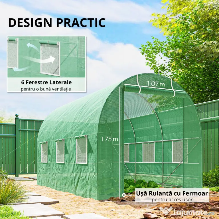 Outsunny Seră de Grădină cu Ferestre, Ușă și Acoperiș Rotunjit din PE și Fier, 3.5x2x2 m, Verde | Aosom Romania