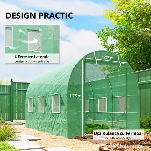 Outsunny Seră de Grădină cu Ferestre, Ușă și Acoperiș Rotunjit din PE și Fier, 3.5x2x2 m, Verde | Aosom Romania