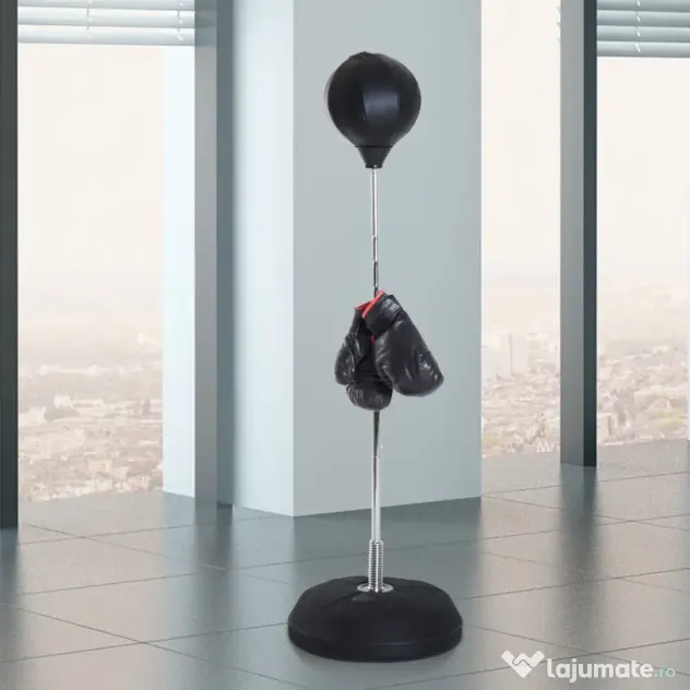 HOMCOM Sac de Box, Stand de Box cu Mănuși, Minge de Perforare, Minge de Box pentru Antrenament, 43x43x126-144 cm, Negru | Aosom Romania