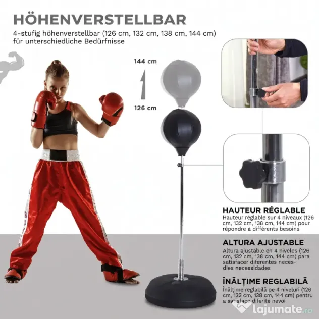 HOMCOM Sac de Box, Stand de Box cu Mănuși, Minge de Perforare, Minge de Box pentru Antrenament, 43x43x126-144 cm, Negru | Aosom Romania