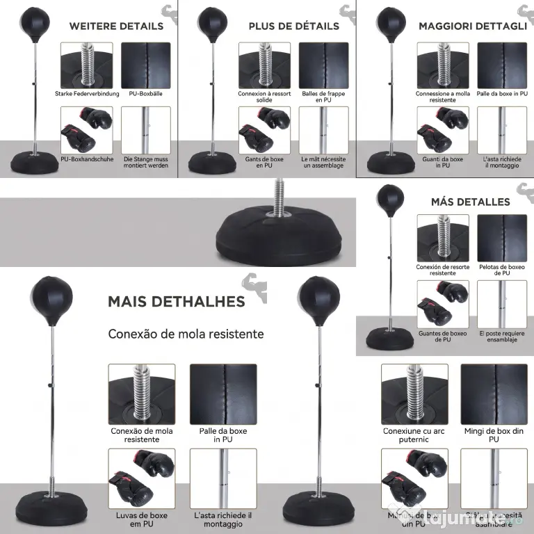 HOMCOM Sac de Box, Stand de Box cu Mănuși, Minge de Perforare, Minge de Box pentru Antrenament, 43x43x126-144 cm, Negru | Aosom Romania