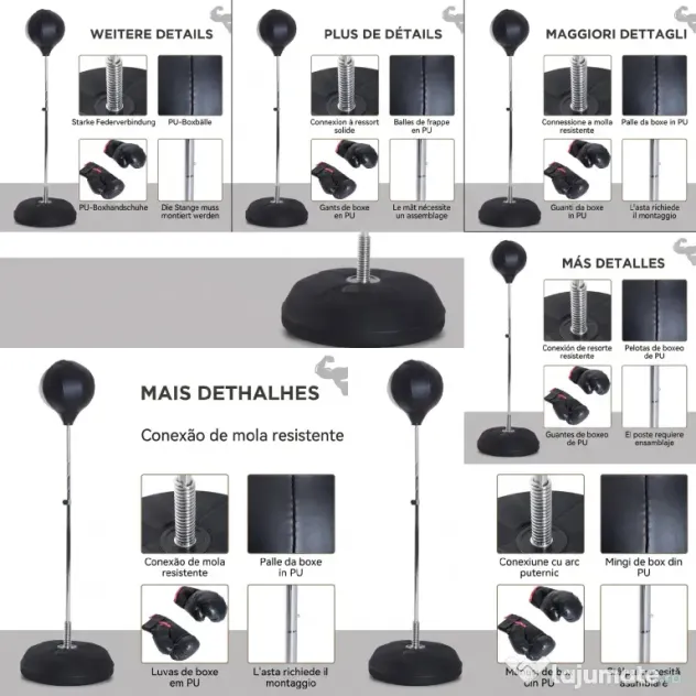 HOMCOM Sac de Box, Stand de Box cu Mănuși, Minge de Perforare, Minge de Box pentru Antrenament, 43x43x126-144 cm, Negru | Aosom Romania
