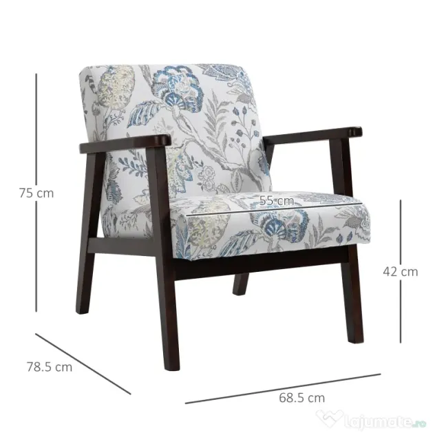 HOMCOM Fotoliu Modern, Captușit, cu Cotiere din Lemn, Confortabil, 68.5x78.5x75 cm | Aosom Romania