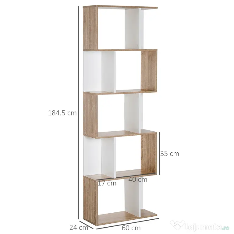HOMCOM Bibliotecă de Perete Modernă cu 5 Rafturi, Design Vertical din Lemn, 60x24x184.5 cm, Alb