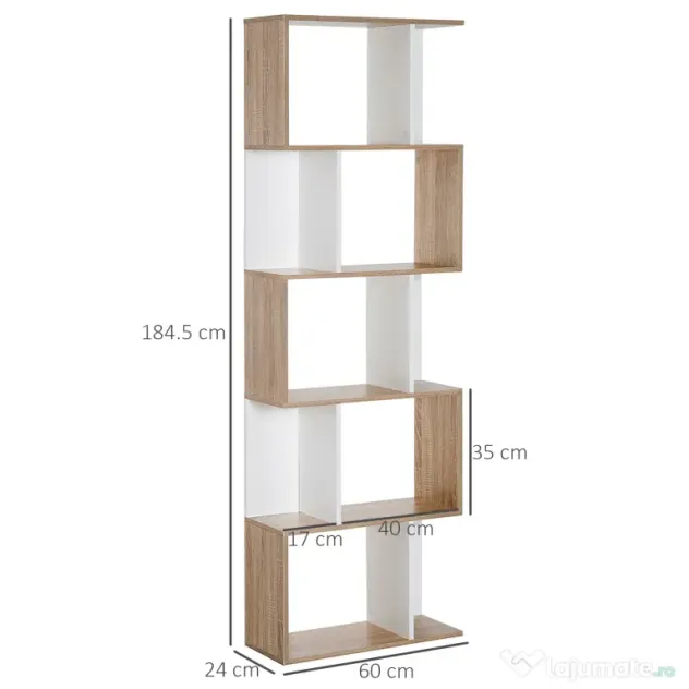 HOMCOM Bibliotecă de Perete Modernă cu 5 Rafturi, Design Vertical din Lemn, 60x24x184.5 cm, Alb