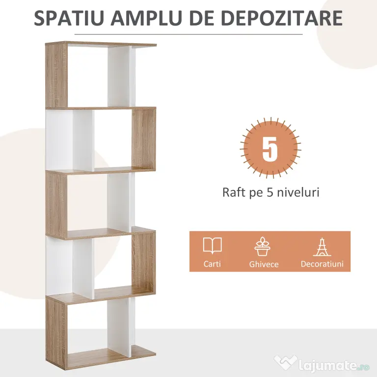 HOMCOM Bibliotecă de Perete Modernă cu 5 Rafturi, Design Vertical din Lemn, 60x24x184.5 cm, Alb