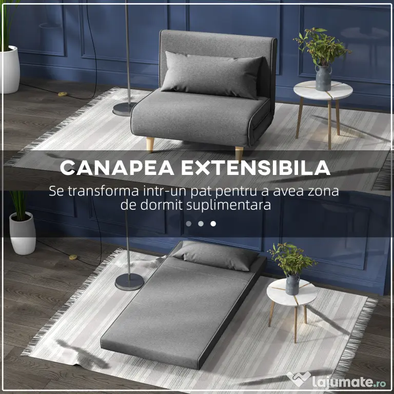 HOMCOM Fotoliu Pat 3 în 1 cu Spătar Reglabil pe 6 Nivele și Pernă, Canapea Pat Pliant, 94x78x80 cm, Gri | Aosom Romania