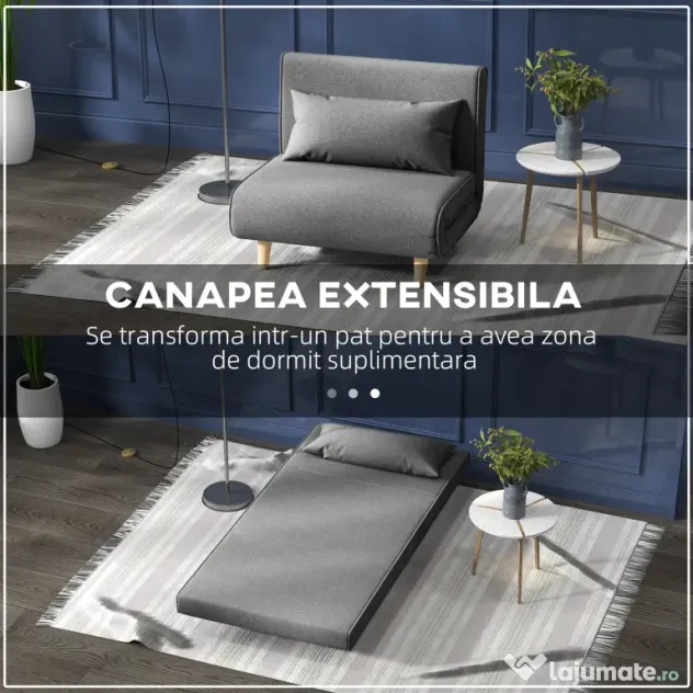 HOMCOM Fotoliu Pat 3 în 1 cu Spătar Reglabil pe 6 Nivele și Pernă, Canapea Pat Pliant, 94x78x80 cm, Gri | Aosom Romania