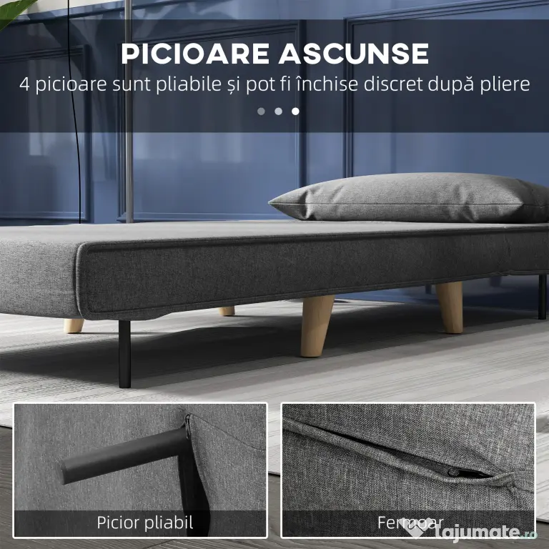 HOMCOM Fotoliu Pat 3 în 1 cu Spătar Reglabil pe 6 Nivele și Pernă, Canapea Pat Pliant, 94x78x80 cm, Gri | Aosom Romania