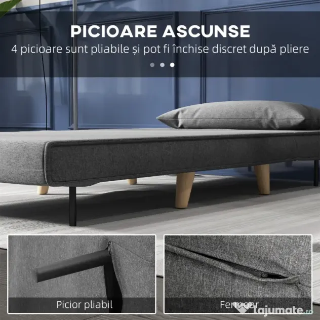 HOMCOM Fotoliu Pat 3 în 1 cu Spătar Reglabil pe 6 Nivele și Pernă, Canapea Pat Pliant, 94x78x80 cm, Gri | Aosom Romania