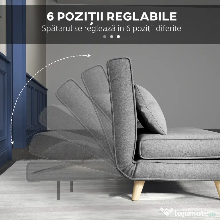 HOMCOM Fotoliu Pat 3 în 1 cu Spătar Reglabil pe 6 Nivele și Pernă, Canapea Pat Pliant, 94x78x80 cm, Gri | Aosom Romania