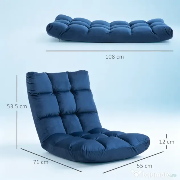 HOMCOM Fotoliu de Podea din Catifea cu Spătar Reclinabil până la 180° și Umplutură Groasă, 55x71x53.5cm, Albastru | Aosom Romania