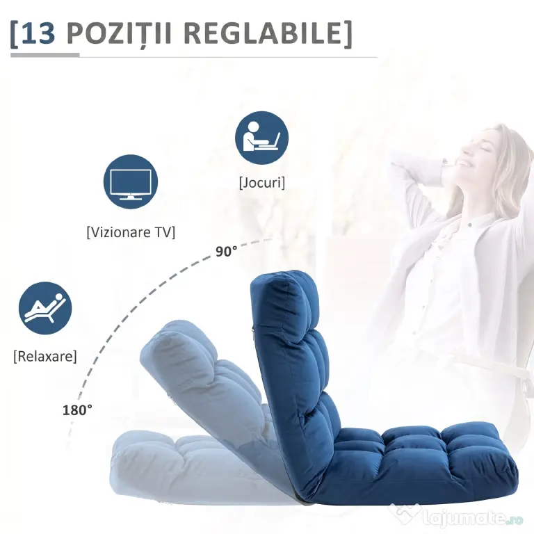 HOMCOM Fotoliu de Podea din Catifea cu Spătar Reclinabil până la 180° și Umplutură Groasă, 55x71x53.5cm, Albastru | Aosom Romania
