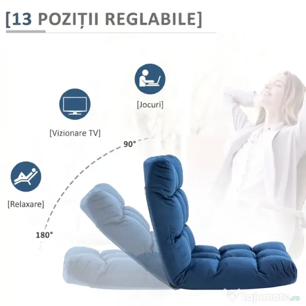 HOMCOM Fotoliu de Podea din Catifea cu Spătar Reclinabil până la 180° și Umplutură Groasă, 55x71x53.5cm, Albastru | Aosom Romania
