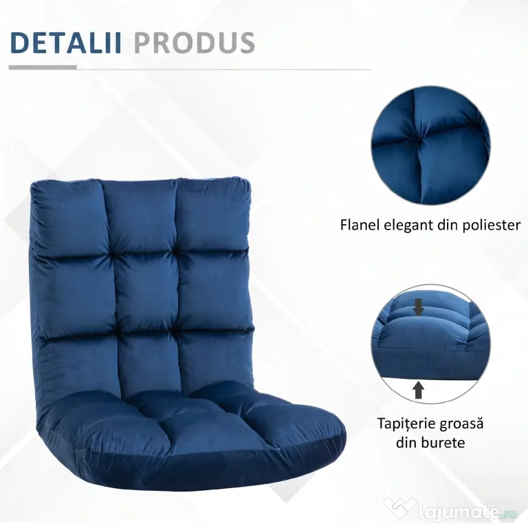 HOMCOM Fotoliu de Podea din Catifea cu Spătar Reclinabil până la 180° și Umplutură Groasă, 55x71x53.5cm, Albastru | Aosom Romania