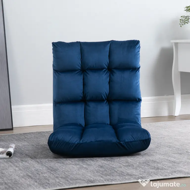 HOMCOM Fotoliu de Podea din Catifea cu Spătar Reclinabil până la 180° și Umplutură Groasă, 55x71x53.5cm, Albastru | Aosom Romania