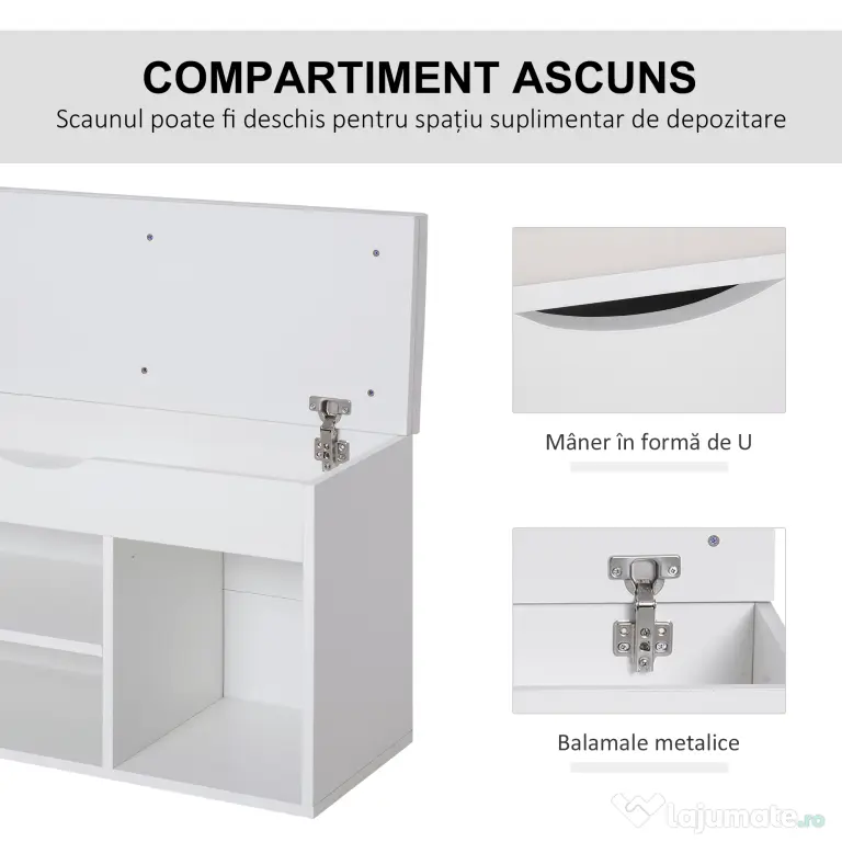 HOMCOM Bancă pentru Pantofi de Intrare, Economisitoare de Spațiu, cu Șezut Imblopat și Rafturi Deschise, pentru Hol, Alb
