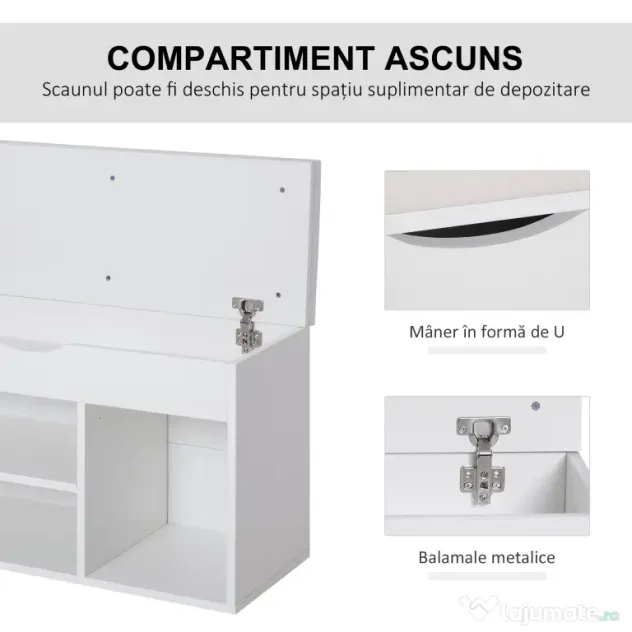 HOMCOM Bancă pentru Pantofi de Intrare, Economisitoare de Spațiu, cu Șezut Imblopat și Rafturi Deschise, pentru Hol, Alb