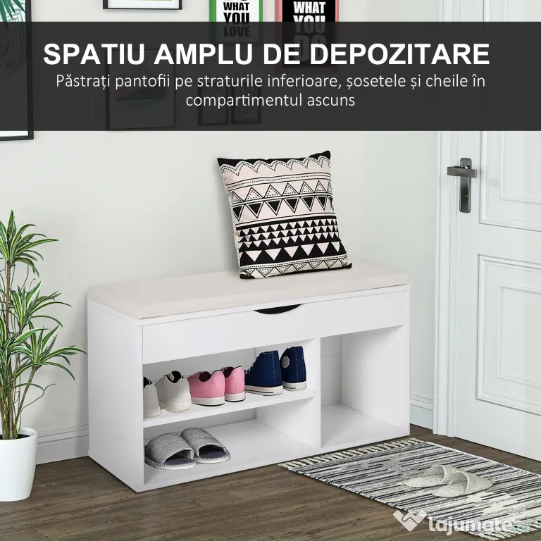 HOMCOM Bancă pentru Pantofi de Intrare, Economisitoare de Spațiu, cu Șezut Imblopat și Rafturi Deschise, pentru Hol, Alb